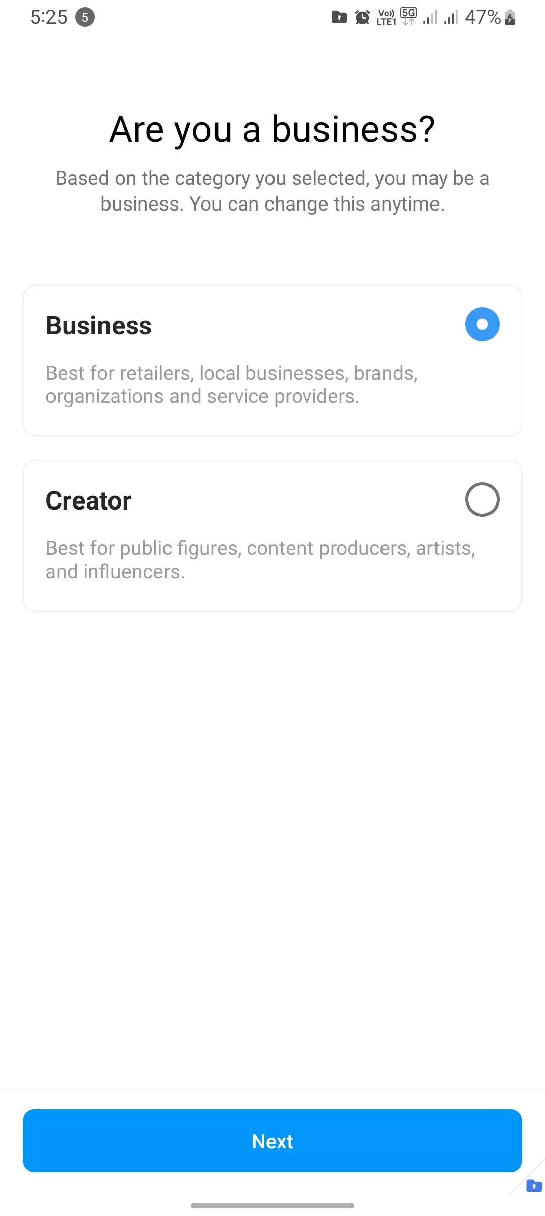 choosing business and creator account while adding category