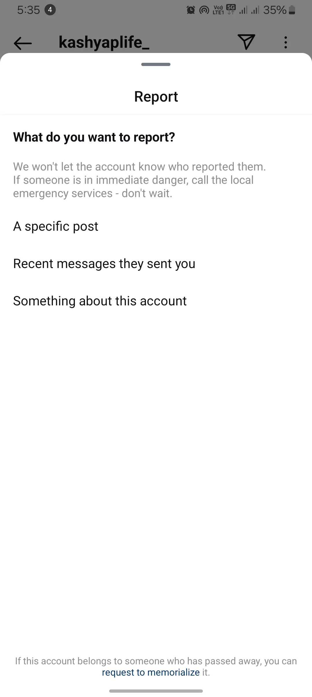 screenshot of reporting instagram post