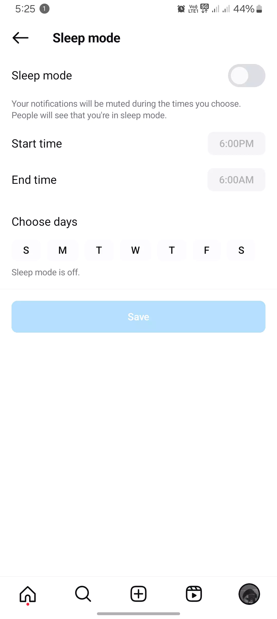 screenshot of the sleep mode from the instagram app