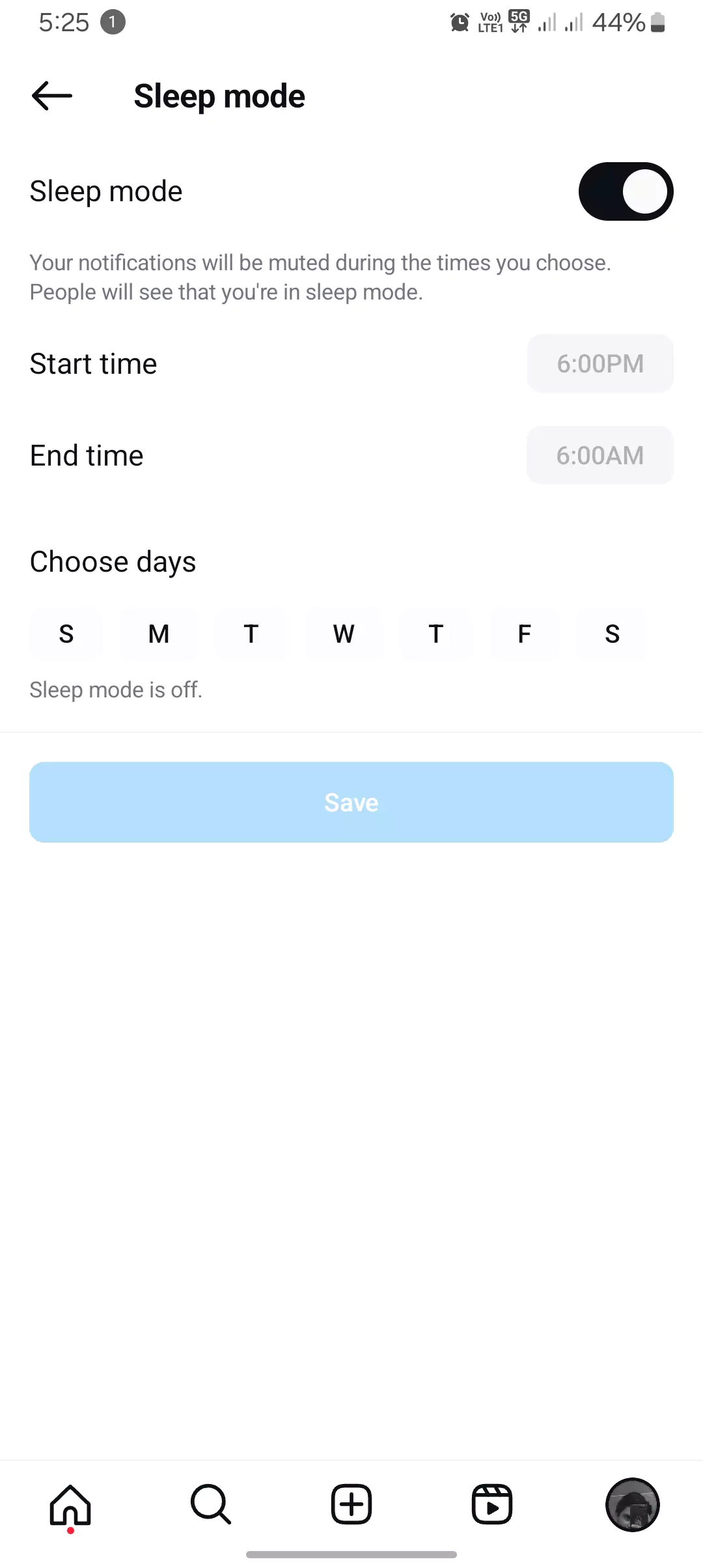 screenshot of the sleep mode instagram AKA quiet mode