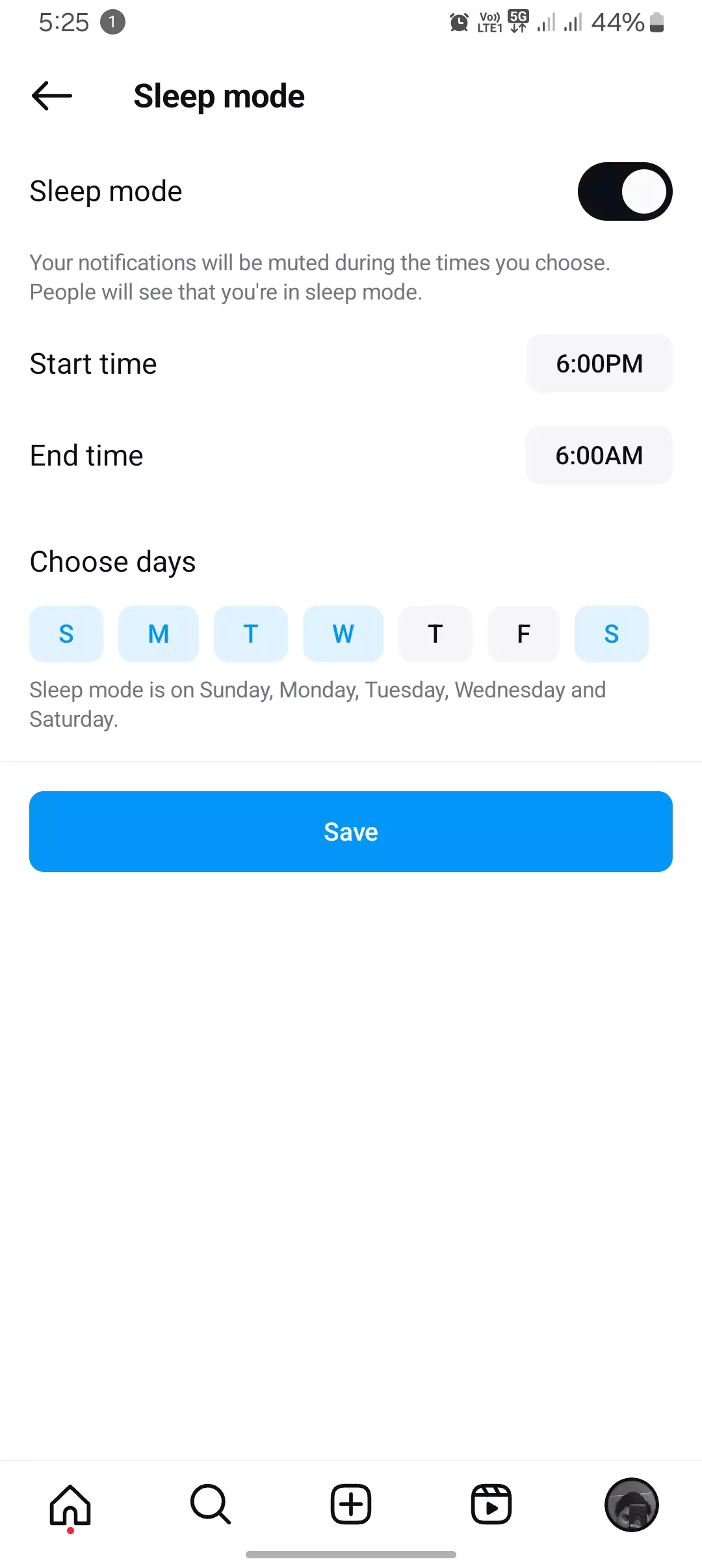 screenshot of the sleep mode on instagram turned on with days selected